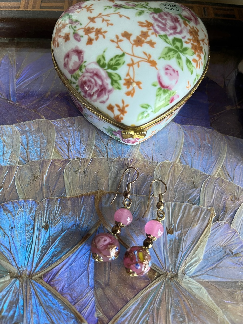 Pink Floral Glass Bead Drop Earrings with Gold accents
